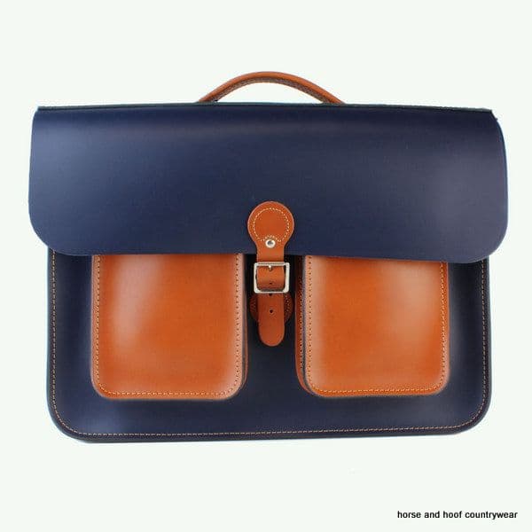 16.5 Inch Traditional Handmade British Vintage Double Pocket Leather Satchel - Loch Blue & London Tan