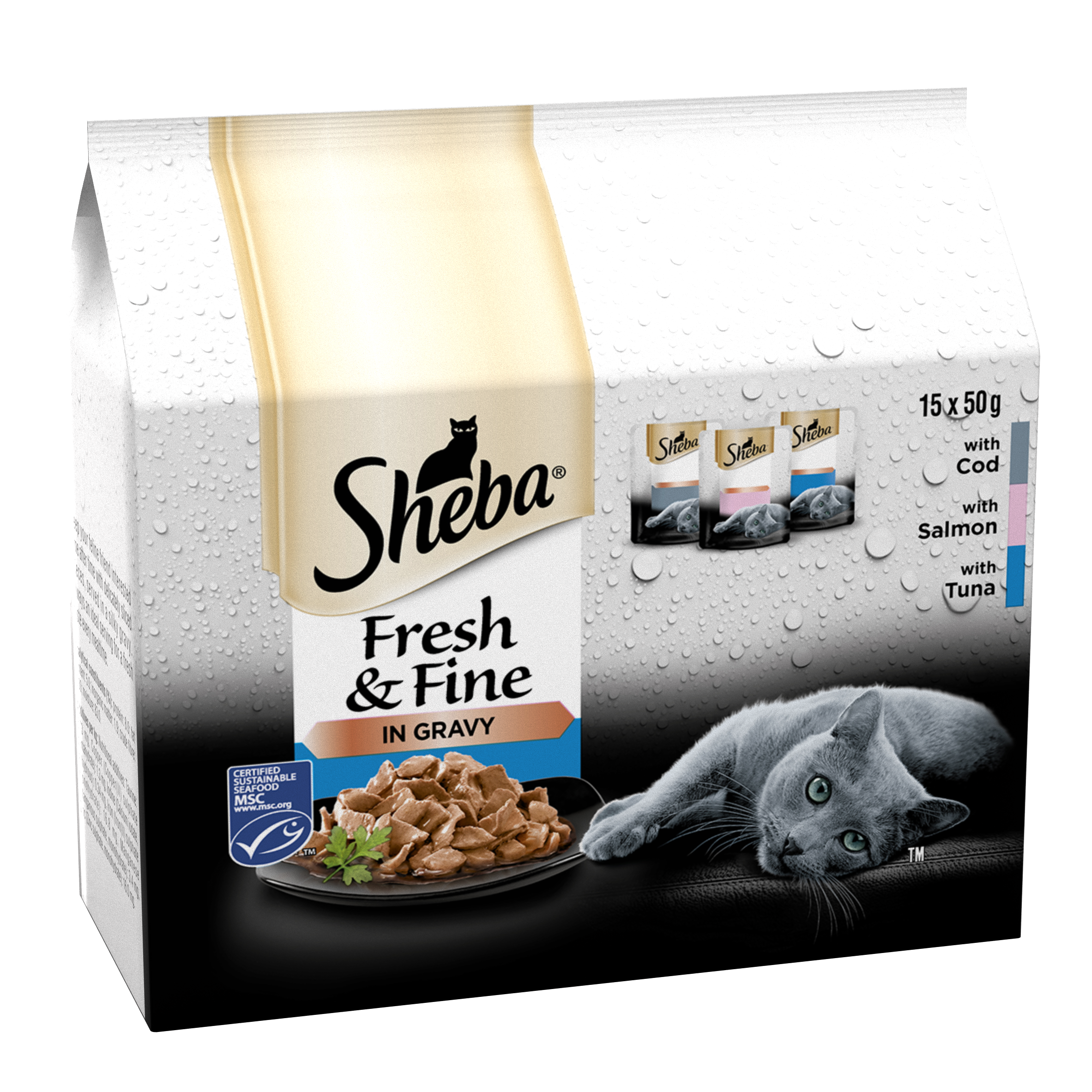 Sheba Fresh & Fine Adult Cod, Salmon & Tuna in Gravy Pouches 3 x 15 x 50g