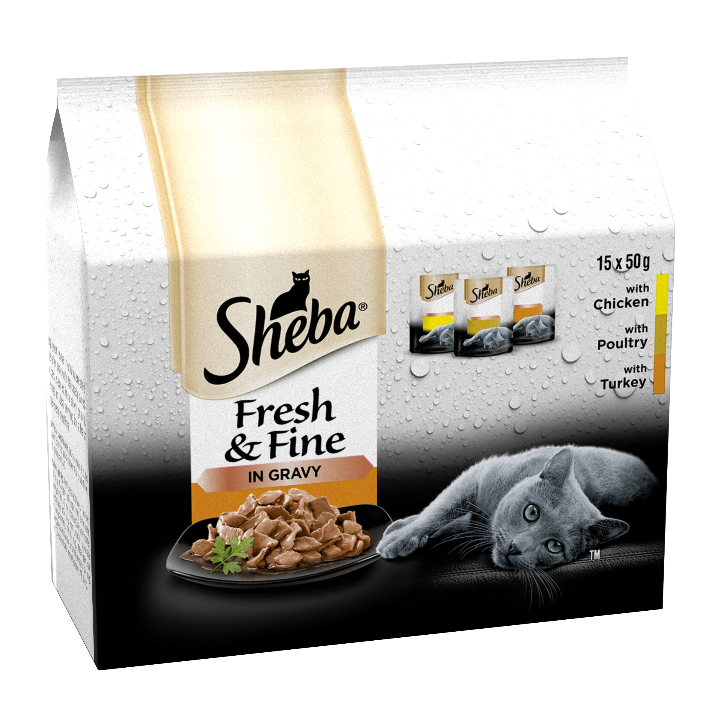 Sheba Fresh & Fine Adult Chicken, Poultry & Duck in Gravy Pouches 3 x 15 x 50g